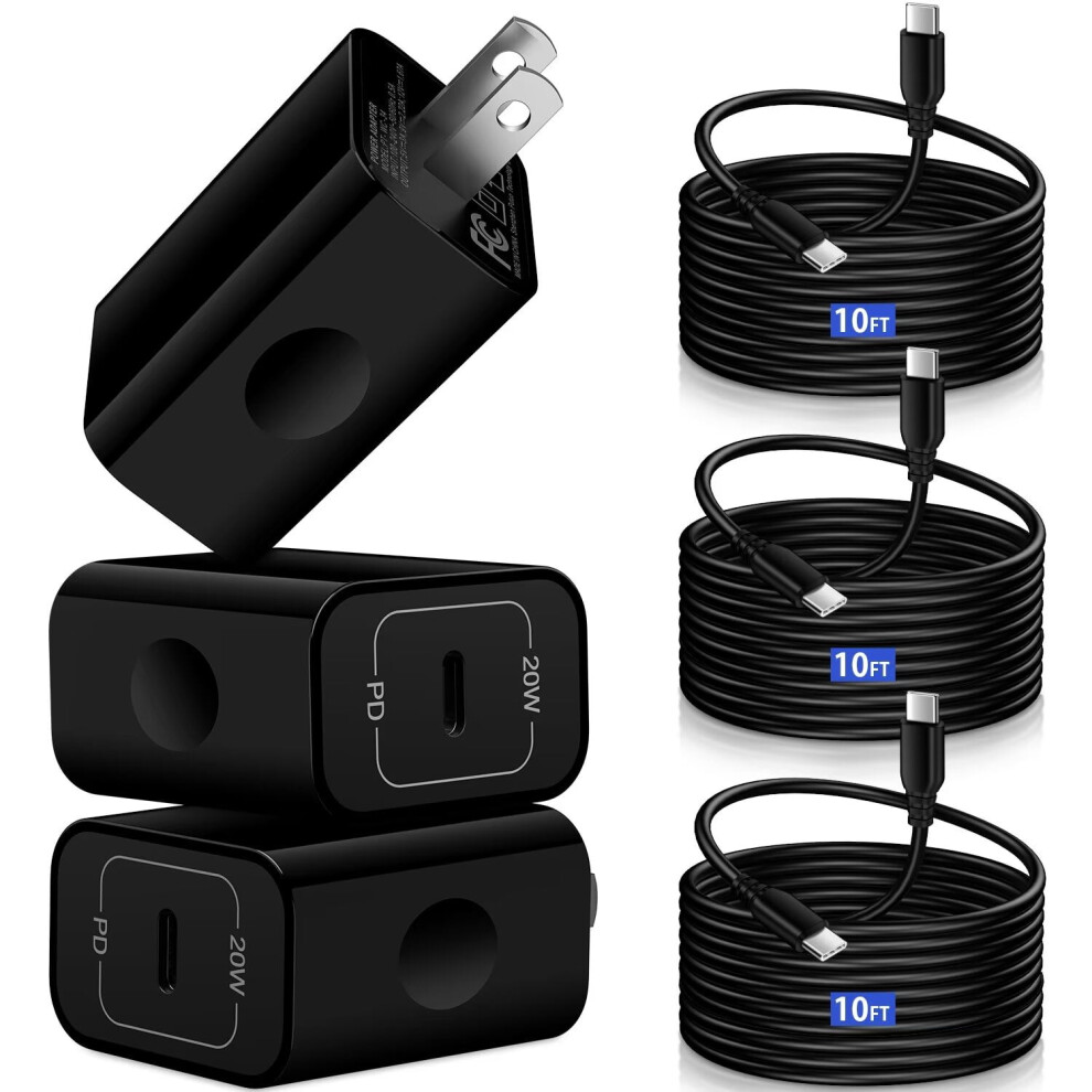 Usb C Charger, 20W Pd 3Pack Usb C Charger Block With 3Pack Usb C Cables 10Ft Type C Charger Fast Charging Usb C Block Plug For Phone 15 Charger 9028731119113