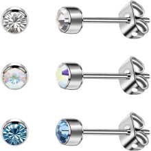 3 Pairs Women's & Men's Stud Earrings - Solid Titanium, Hypoallergenic, Nickel Free - 4mm Silver
