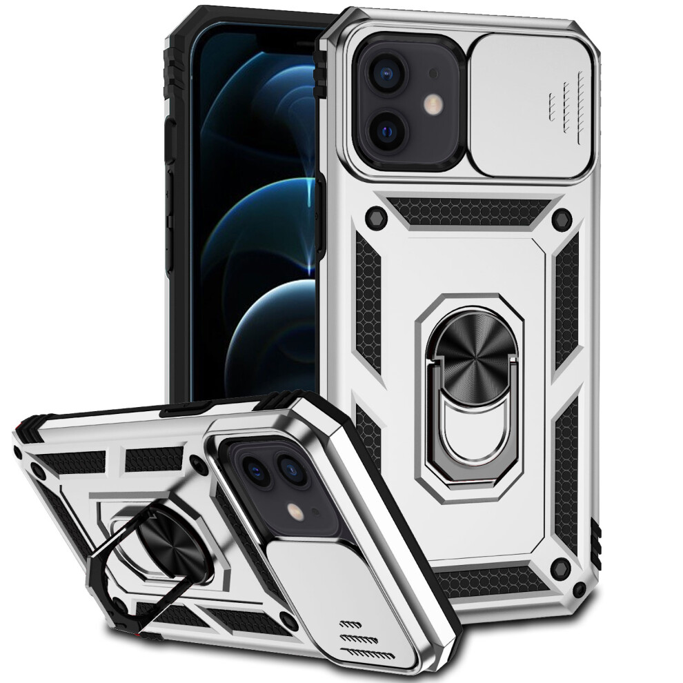 Compatible With Iphone 12/12 Pro: Armor Kickstand Case W/ Slide Lens Cover, 360 Rotating Ring, Magnetic & Shockproof Â Silver 9028731710877