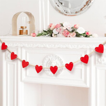 Valentine's Day Red Felt Hearts Banner, Wood Bead Garland, Heart Hanging Decor, Party Backdrop for Home, Fireplace, Mantel, Wall – 7.5 Ft