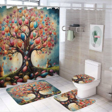 Easter Egg Tree Bunny Shower Curtain Set (4pc): Rug, Toilet Lid Cover, Non-Slip U-Shape Mat – Waterproof Bathtub Decor, Spring & Easter Greetings