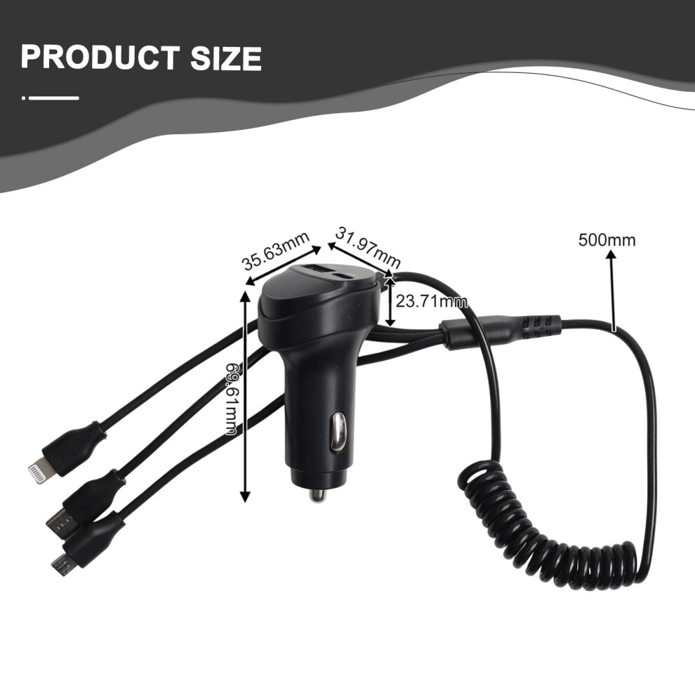 Usb Car Charger With Voltage Display And 3 In 1 Cable For Multiple Devices 9028731763248
