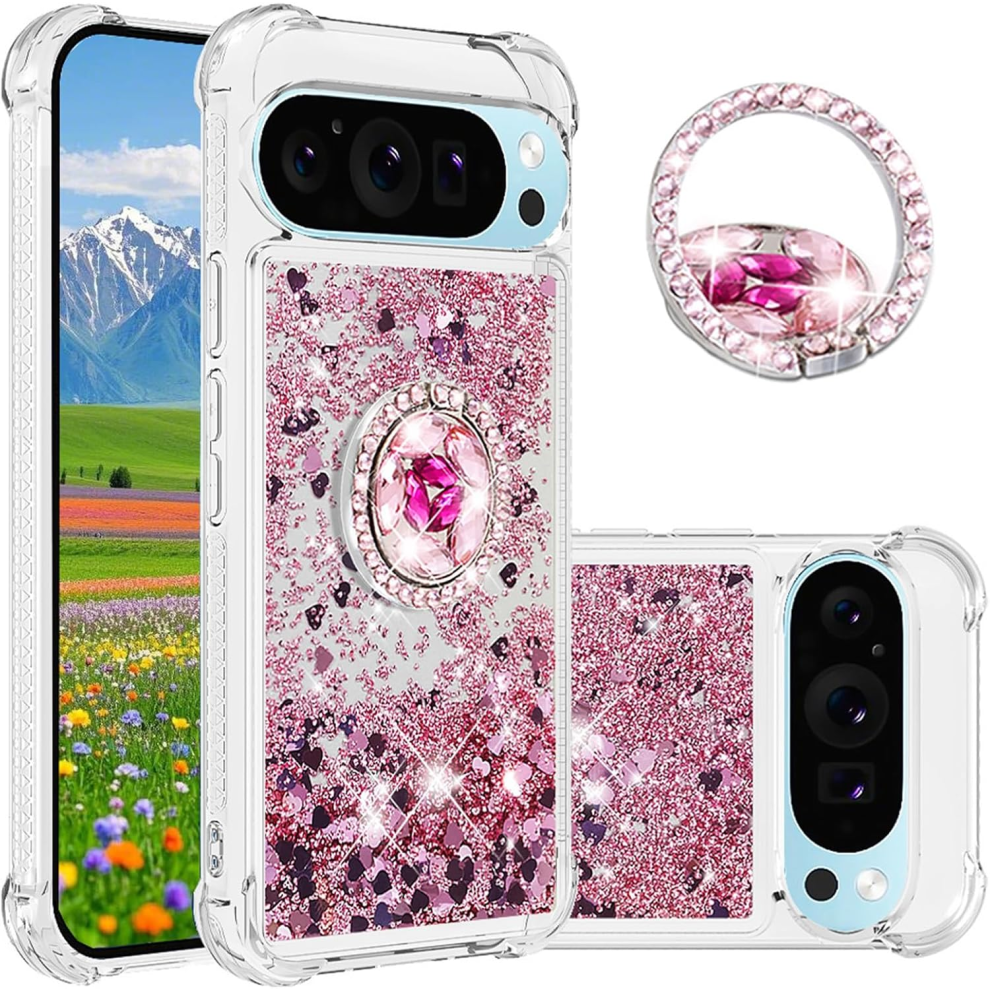 Ccsmall Clear Glitter Case For Google Pixel 10 Pro Â Quicksand Sparkly Cover With Diamond Ring Holder, Lsz Rose Gold 9028731662909