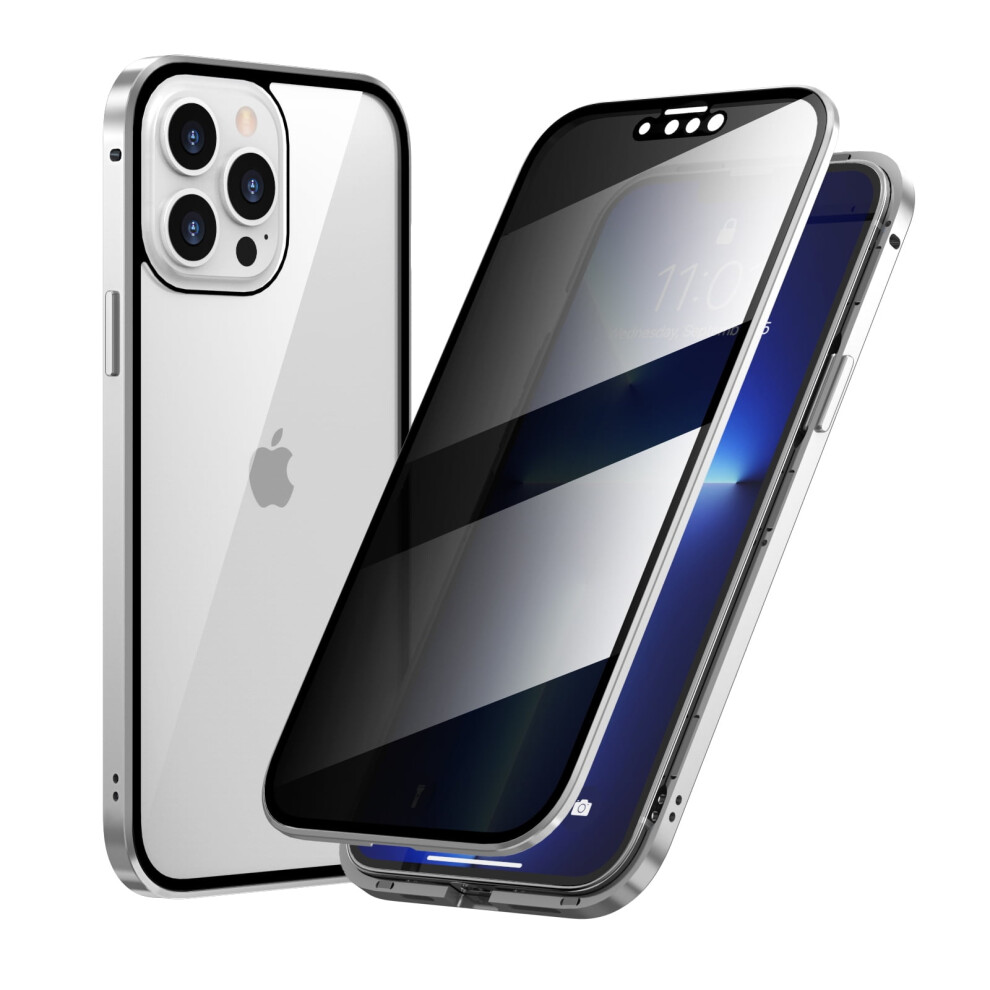Anti-Peeping Case For Iphone 13 Pro Max (6.7"), Double-Sided Tempered Glass Privacy Screen, Magnetic Adsorption, Metal Frame, Silver 9028731623122