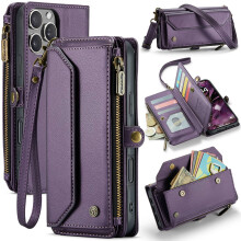 RFID Blocking Wallet Case, 10-Card Holder, Zipper Slot, PU Leather, Strap for compatible with iPhone 16 Pro Max