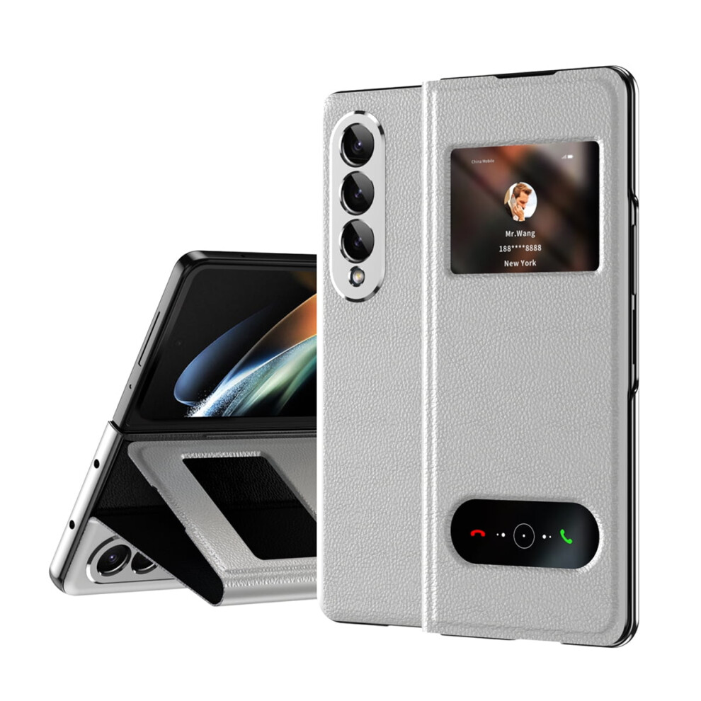 Leather Slim Clear Window Case With Kickstand For Samsung Galaxy Z Fold 4 Â Shockproof, Anti-Scratch, White 9028731623726