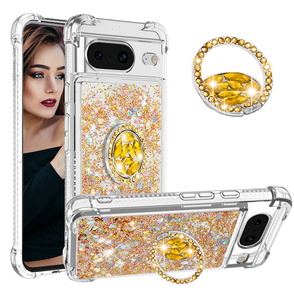 Glitter Clear Sparkly Bling Case For Google Pixel 8 Case, Flowing Liquid Quicksand Cover With Diamond Ring Holder Case For Google Pixel 8 Lsz Gold 9028731663876