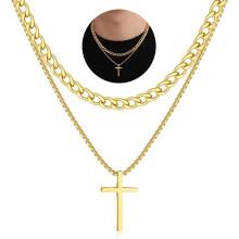 Layered Cross Necklace for Men 14K Gold Silver Stainless Steel Cuban Link Cross Chain Necklace for Men Religious Jewelry Gifts