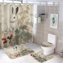 Conjunto de cortina de chuveiro com coelho branco e flores (4 peças), tapete antiderrapante, protetor de tampa de vaso sanitário e tapete de banho.