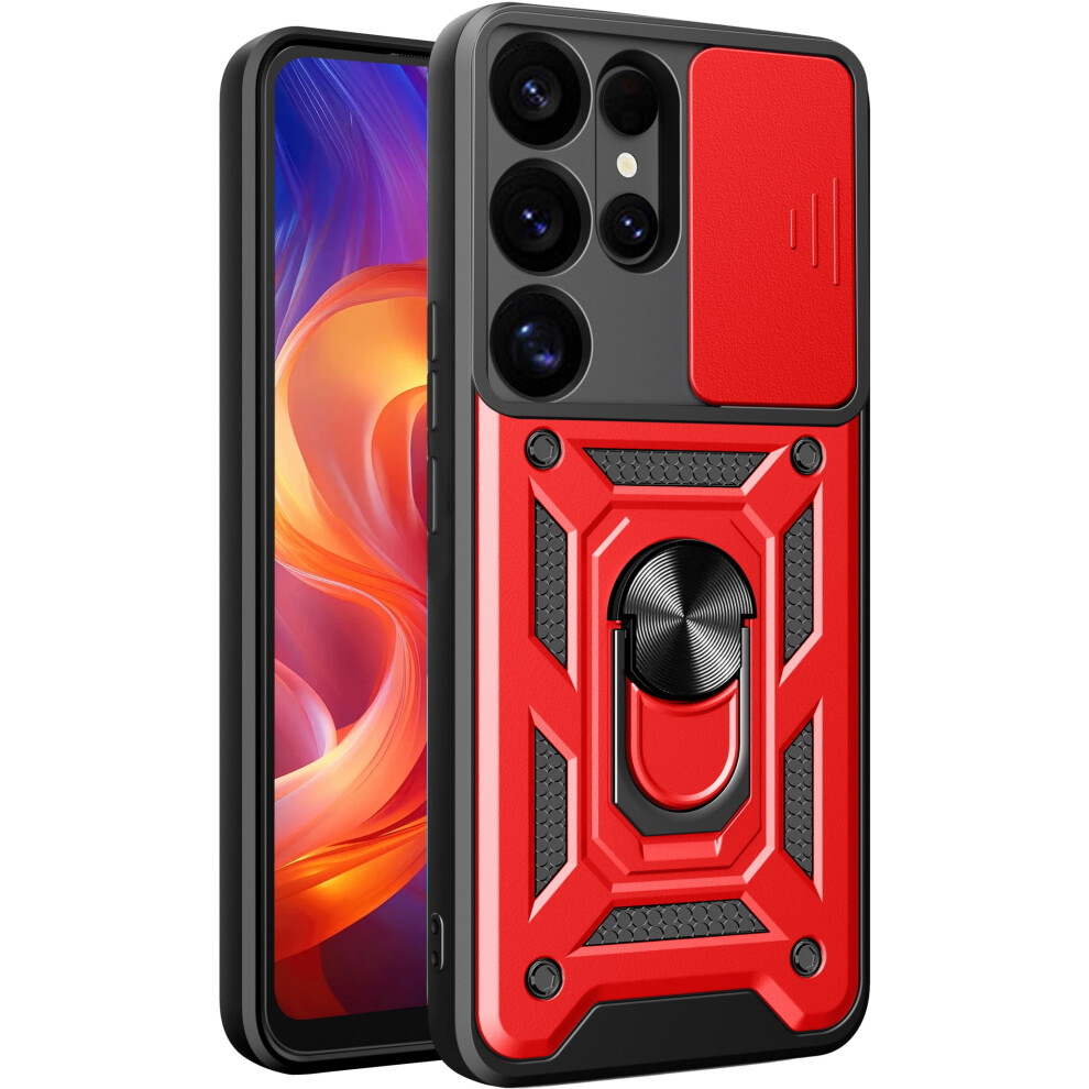 Military-Grade Shockproof Case For Compatible With Samsung Galaxy S25 Ultra – Slide Lens Cover & Rotating Kickstand, Sj Red 9028731664040