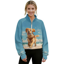 Damegenser med glidelås, lomme, tommelhull og Golden Retriever-strandmønster – kompatibel med XL