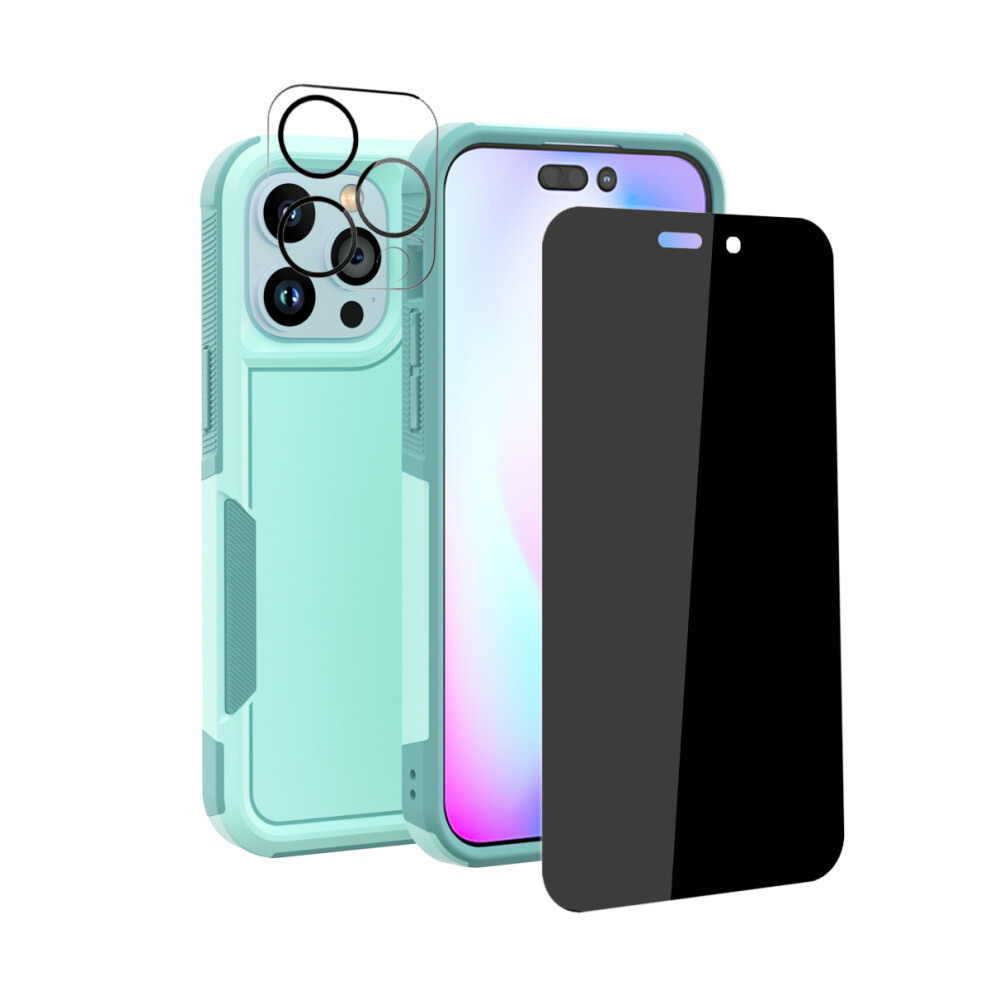 Compatible With Iphone 14 Pro Case + Screen Protector (Anti-Spy Privacy) + Camera Lens Protector, Shockproof Full Coverage Cover Green 9028731945897