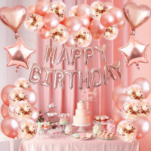 YANSION 62Pcs Rose Gold Birthday Decorations Set – Pink Princess Party Supplies with Confetti Balloons, Foil Banner, Candles – Compatible with