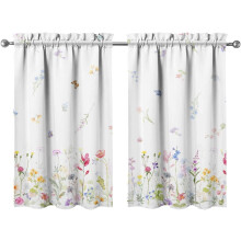 Floral Kitchen Curtains White Short Tier 2 Panels 27.5" W x