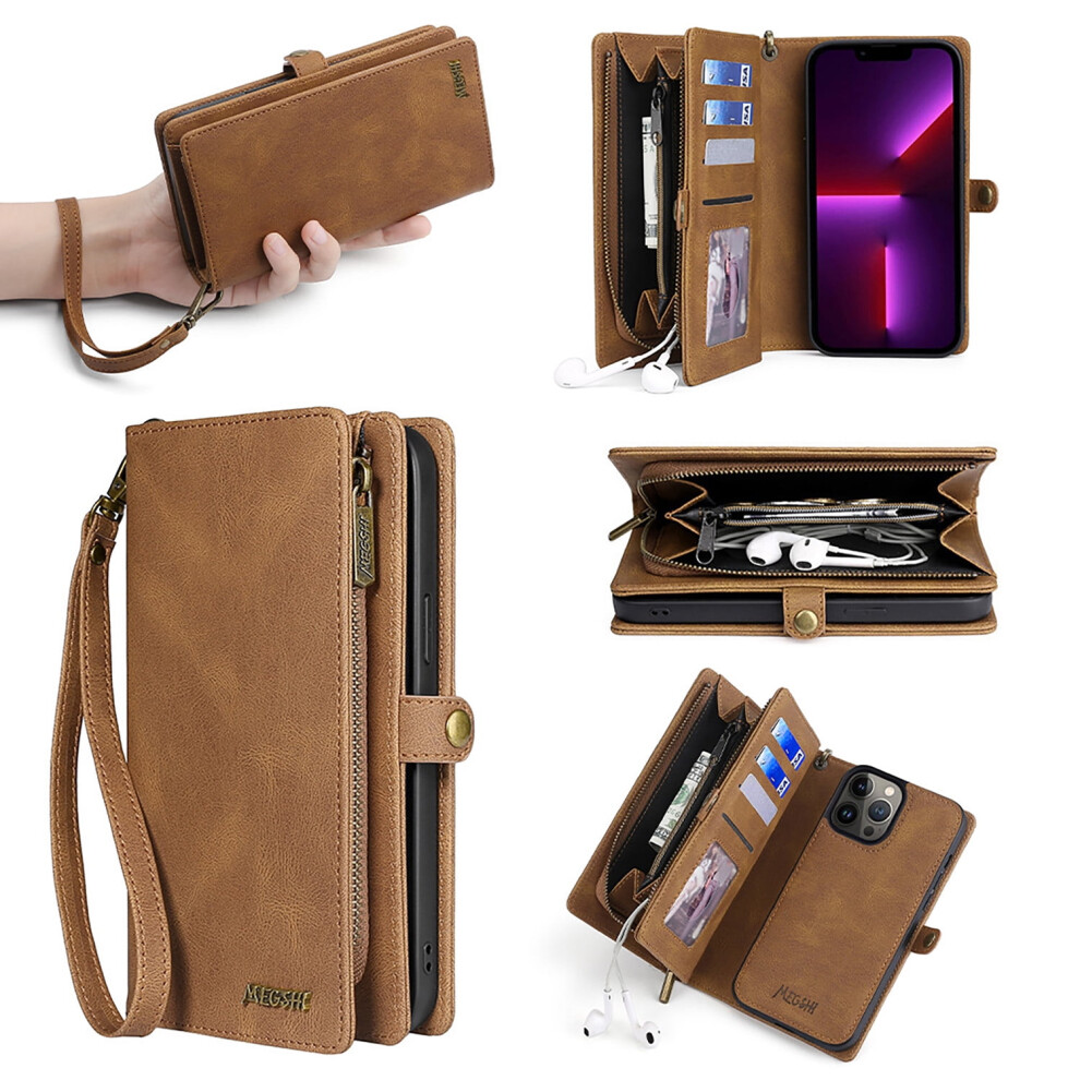 Allytech Wallet Case For Iphone 15 Â Detachable Back, Card Slots, Zipper, Stand, Hand Strap Â Brown 9479868109599