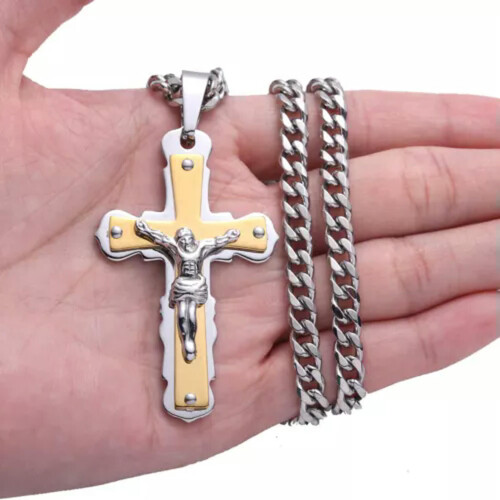 Colar masculino com pingente de crucifixo de Jesus em aço inoxidável dourado e prateado - 66 cm (26 polegadas)