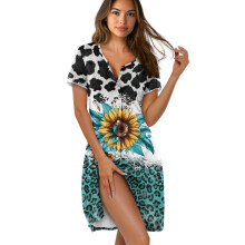 Women's Soft Sunflower & Cow Leopard Print Nightgown, Short Sleeve Button-Down Loungewear – XL, Teal, Compatible with Sleepovers