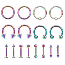 16 db/tétel rozsdamentes acél orrkarika, 14/16G fül-labret nyelv szemöldökpiercing - többszínű - 10 mm