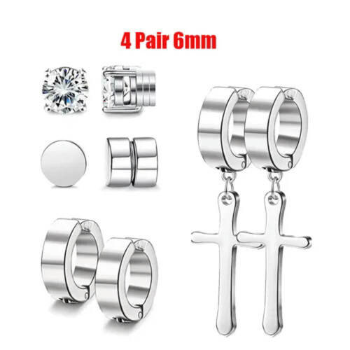 Stainless Steel Magnetic Stud Earrings 4 Pair 6mm Silver