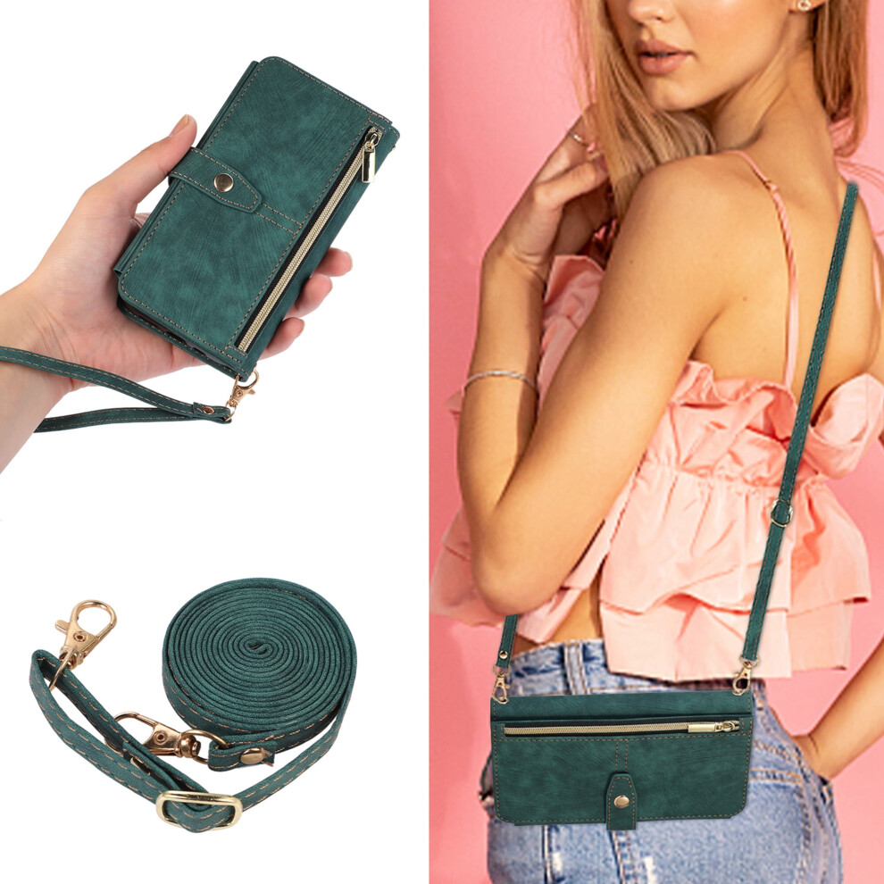 Compatible With Iphone Xr Wallet Case Â Magnetic 9-Card Folio, Removable Crossbody Strap, Wristlet & Zipper, Pu Leather, Green 9479868112407