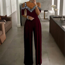 Plus Size Women's V-Neck Short Sleeve Wide Leg Jumpsuit with Rhinestone Detail Elegant Summer Romper Wine Red,2XL