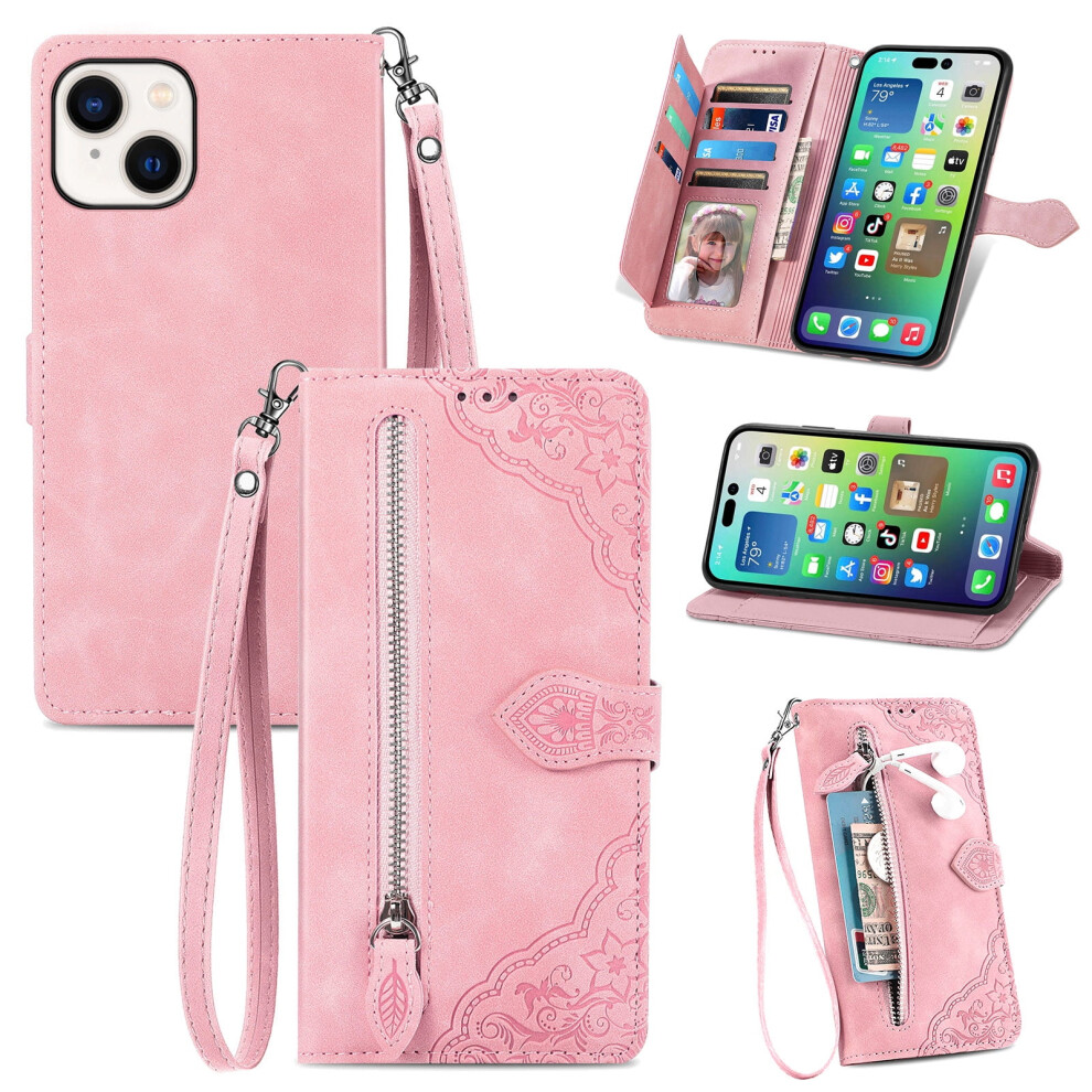 Magnetic Leather Wallet Case With Kickstand & Strap For Compatible With Iphone 14 Â Pink 9479868112377