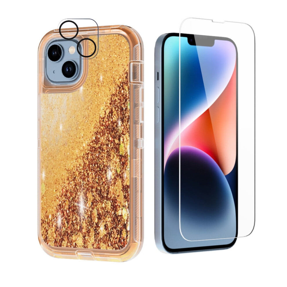 Compatible With Iphone 14 Plus: Clear Shockproof Cover + Screen & Camera Protectors, Bling Glitter Quicksand Sparkle, Rose+, 6.7" Gold 9028731044903