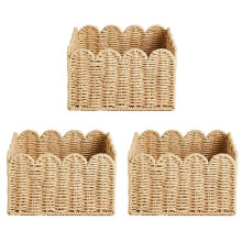 3X Scalloped Basket, Wicker Storage Baskets,Handwoven Organizing Baskets for Shelves, Paper Rope Design