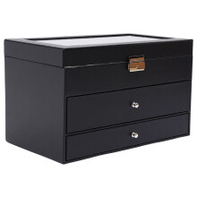 Watch and Eyeglasses&Sunglasses Box 3 Layer Leather Black with Jewelry Display Drawer Metal Buckle Case Organizer