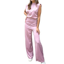 Mono de Satén de Pierna Ancha para Mujer: Elegante Mono de Cóctel Sin Mangas con Cuello Alto Rosa S