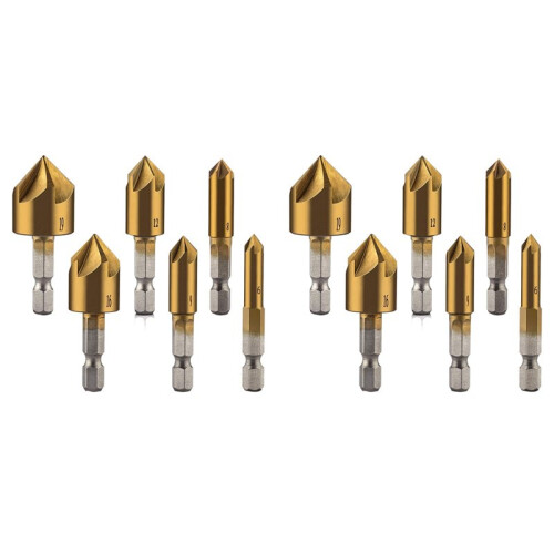 12 Pcs 1/4inch Hex Shank Countersink Drill Bits Center Punch Set HSS 5 Flute Countersink 90 Degree