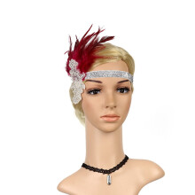 Women's Feather Flapper Headband, Vintage Gatsby Headdress, Wine Red – Compatible with Prom & Skincare