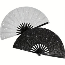 2pcs Glitter Folding Rave Fans (White/Black) – Handheld Clack Fans for Club, Party, Dance, Tai Chi – Compatible with Festivals & Performances