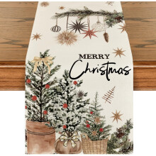 Xmas Trees Holly Pine Cone Merry Christmas Table Runner, Seasonal Winter Kitchen Dining Table Decoration for Home Party Decor