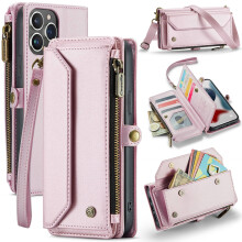 RFID-Blocking Crossbody Wallet Case for iPhone 13 Pro Max – 10-Card Holder, Zipper Bills Slot, Soft PU Leather, Magnetic Strap