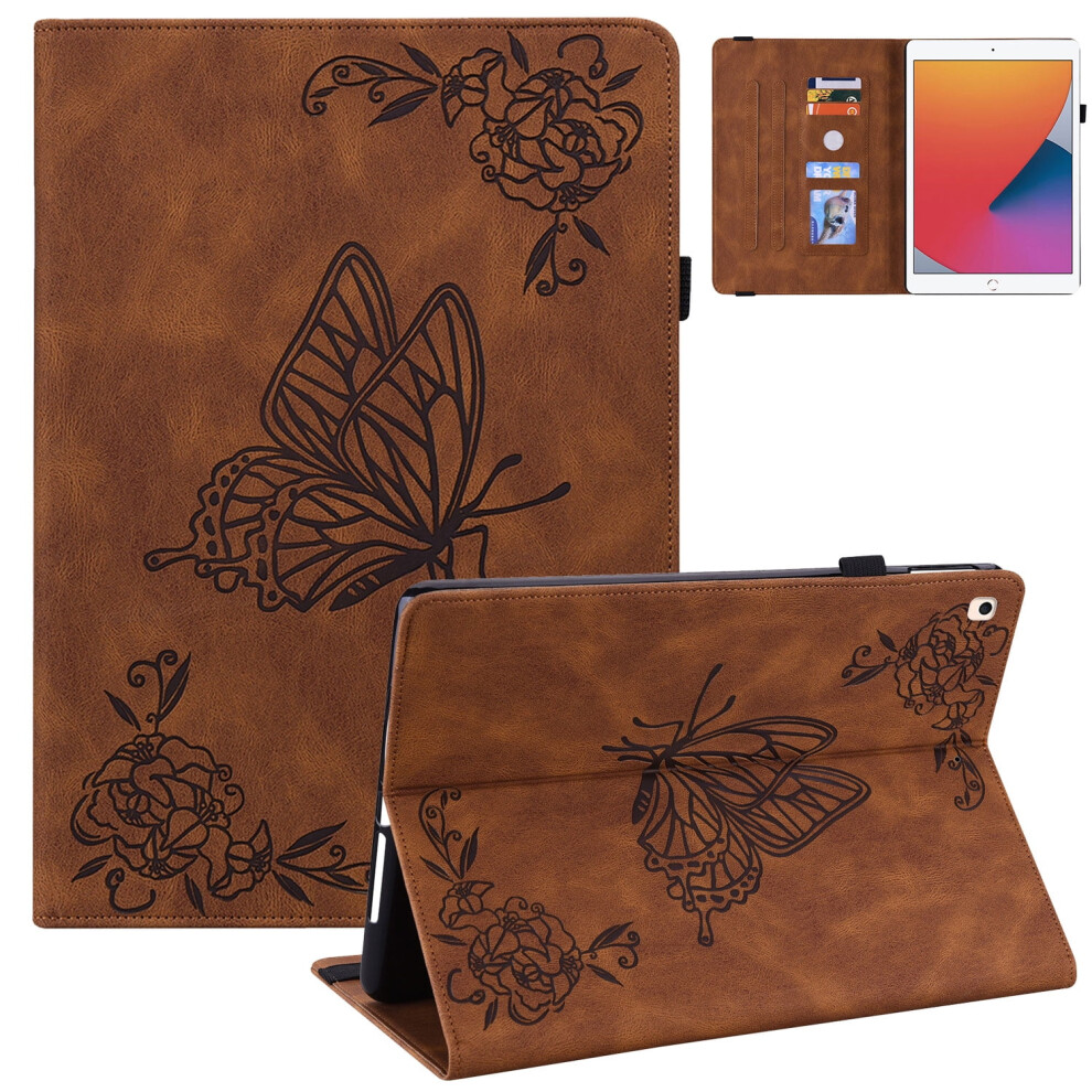 Butterfly Embossed Slim Case For Ipad 10.2" (2021/2020/2019) – Shock Absorption, Kickstand, Pencil Holder, Auto Sleep/Wake, Brown 9028731716534