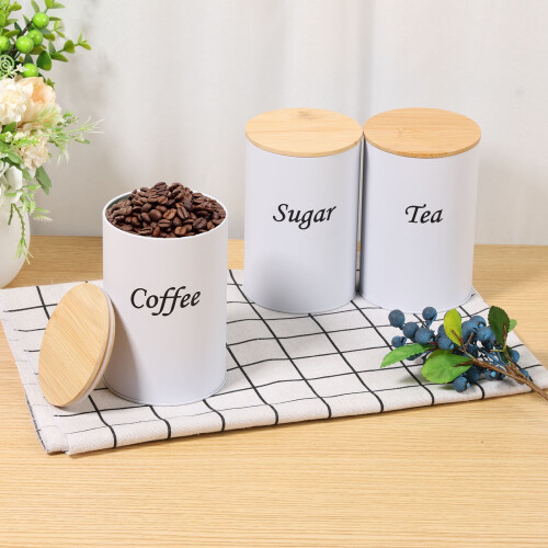 Coffee Tea Sugar Container Set - White Iron Kitchen Canister Set with Bamboo Lids (3 Pieces)