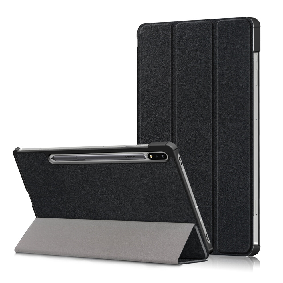 Slim Pu Leather Trifold Stand Case For Samsung Galaxy Tab S7 Fe Sm-T730/T736b 12.4", Compatible With Galaxy S7+ Sm-T970, Shockproof Black 9028731633930