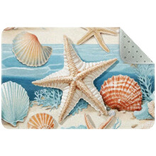 Small Washable Kitchen Rug, Nautical Coastal Design with Coral, Seashell & Starfish – Non-Slip Indoor Door Mat for Entryway, Bathroom, Bedroom