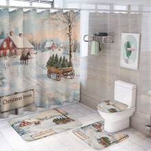 4-Pc Shower Curtain Set w/ Bath Mat, U-Shaped Floor Mat, Toilet Lid Cover & Oval Rug – Winter Landscape, Waterproof, Farmhouse Christmas Decor