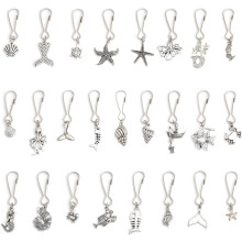 1box 50pcs Zipper Pull Ocean Theme style Alloy Decoration with Iron Keychain Clasp Sea Animal Mermaid Shell Starfish Shape Antique Silver