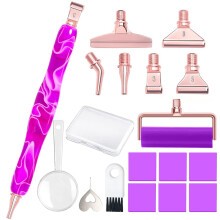 5D diamantkonstpenna med skruvgängade metallspetsar, halkfri ergonomisk punktborr för mosaik, komplett kit med rullepenselförstoringsglas, lila