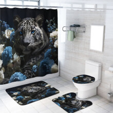 Leopard Shower Curtain Set with Rugs, Blue Floral Cheetah Safari Theme, Waterproof, 72x72 Inch