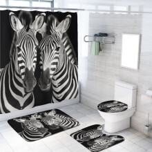 Zebra 4-Piece Shower Curtain Set w/ Non-Slip Rug, Toilet Lid Cover & Bath Mat – Black & White Animal Design, 72x72"