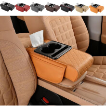 PU Leather Car Armrest Box Mat with Elbow Support, 2 Storage Bags, Cup Holder, Tissue & Phone Slots, Universal Fit