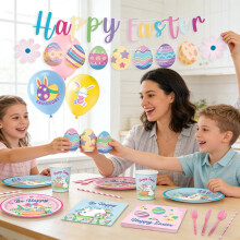 Easter Party Tableware Set for 10 – Plates, Cups, Napkins, Balloons, Banners, Straws, Cutlery – Spring Holiday Decor