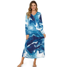 Camisola feminina de manga comprida, confortável, longa, para dormir, macia, com botões, leve, tamanho 3XL, estampa de mármore azul.