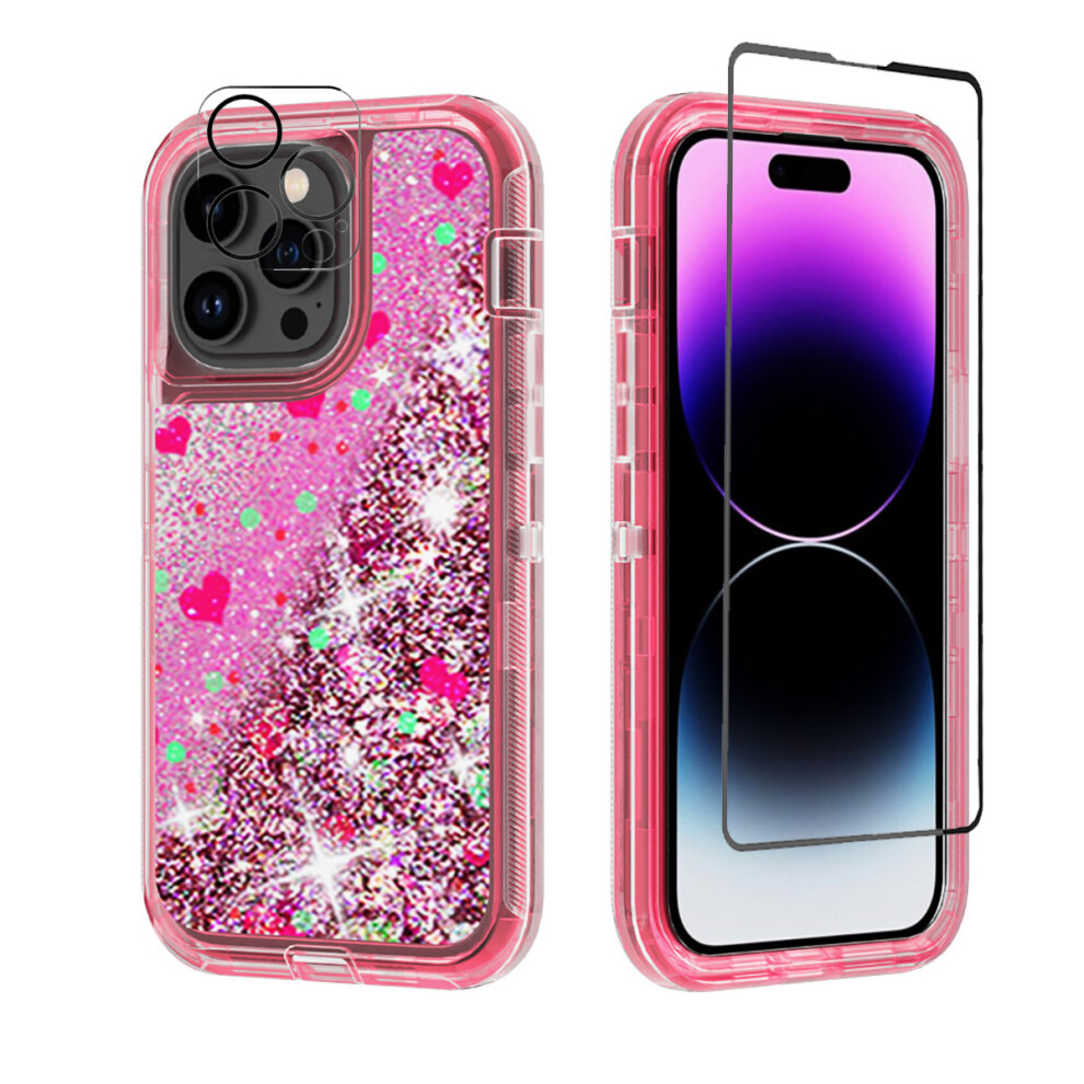 Compatible With Iphone 14 Pro: Bling Glitter Quicksand Clear Shockproof Case + Screen & Camera Lens Protectors, Pink 9028731960210