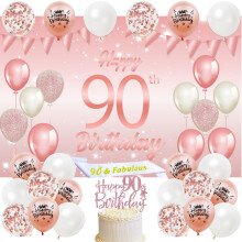 Rose Gold 90th Birthday Decor Set – Backdrop, Balloons, Party Supplies for Women – Compatible with Outdoor/Yard Use