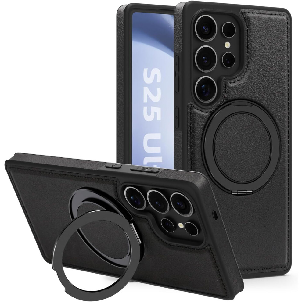 Leather Magnetic Case For Samsung Galaxy S25 Ultra Â Magsafe Compatible, 360 Rotatable Ring & Kickstand 9028731964089